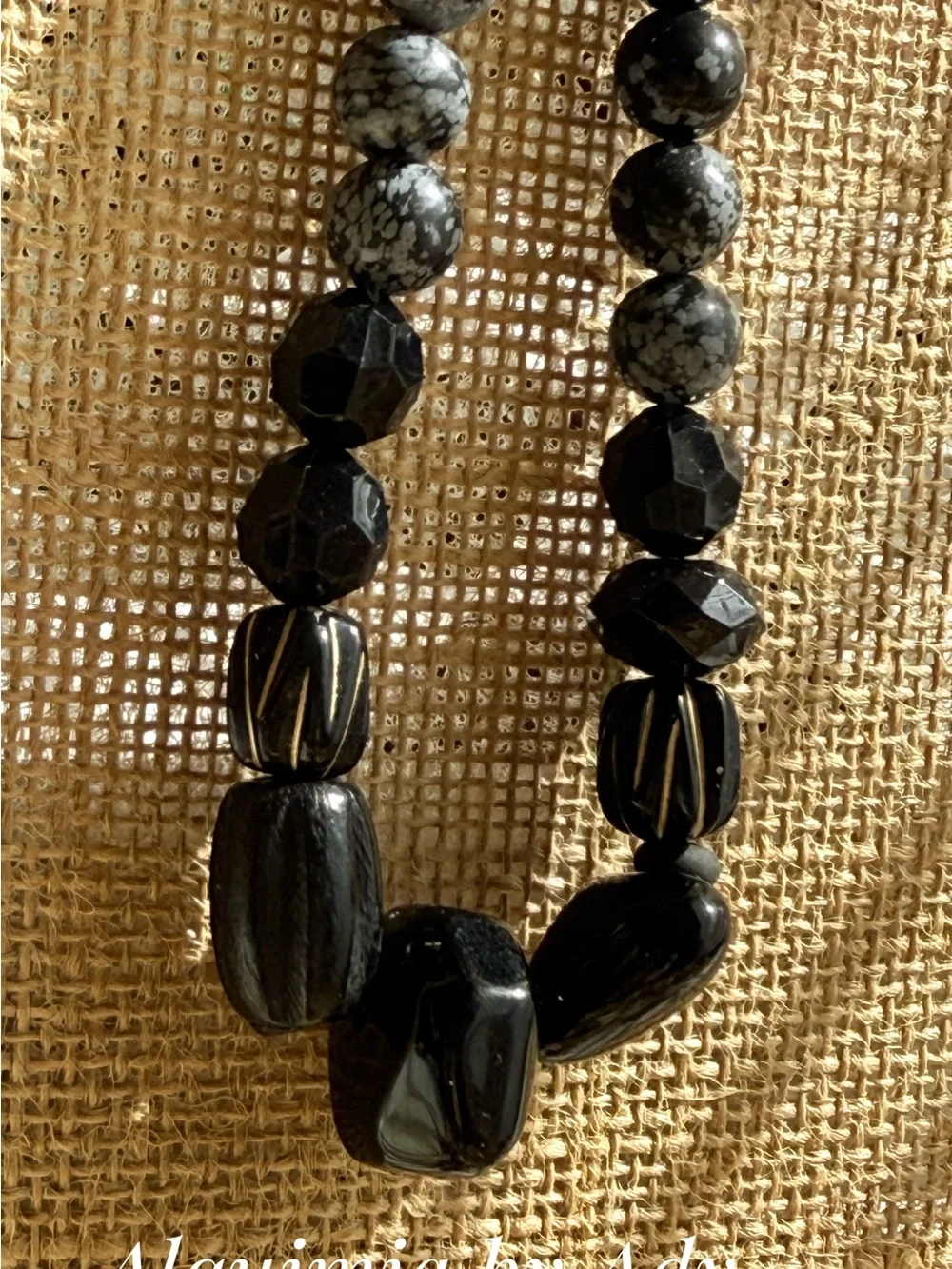 HIGH SUMMER + Black Faceted & Textured Beaded Necklace snowflake obsidian